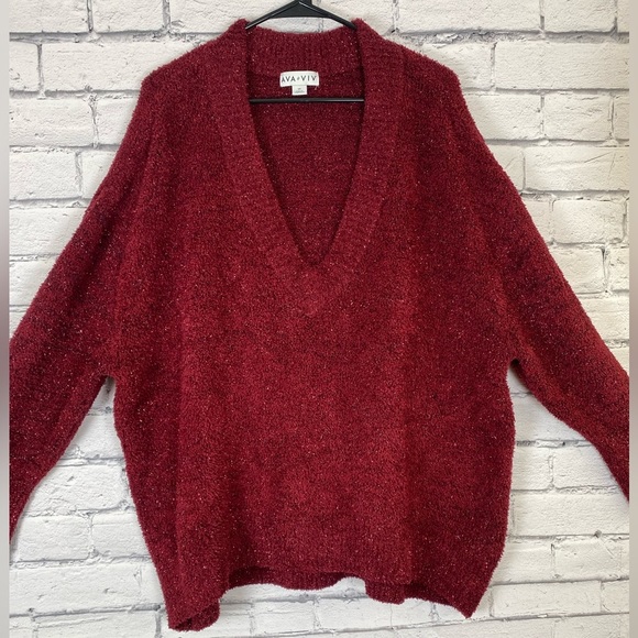 Ava & Viv Red Metallic V Neck Holiday Sweater size 3X - Picture 3 of 10